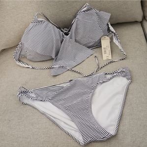Navy striped ruffle bikini